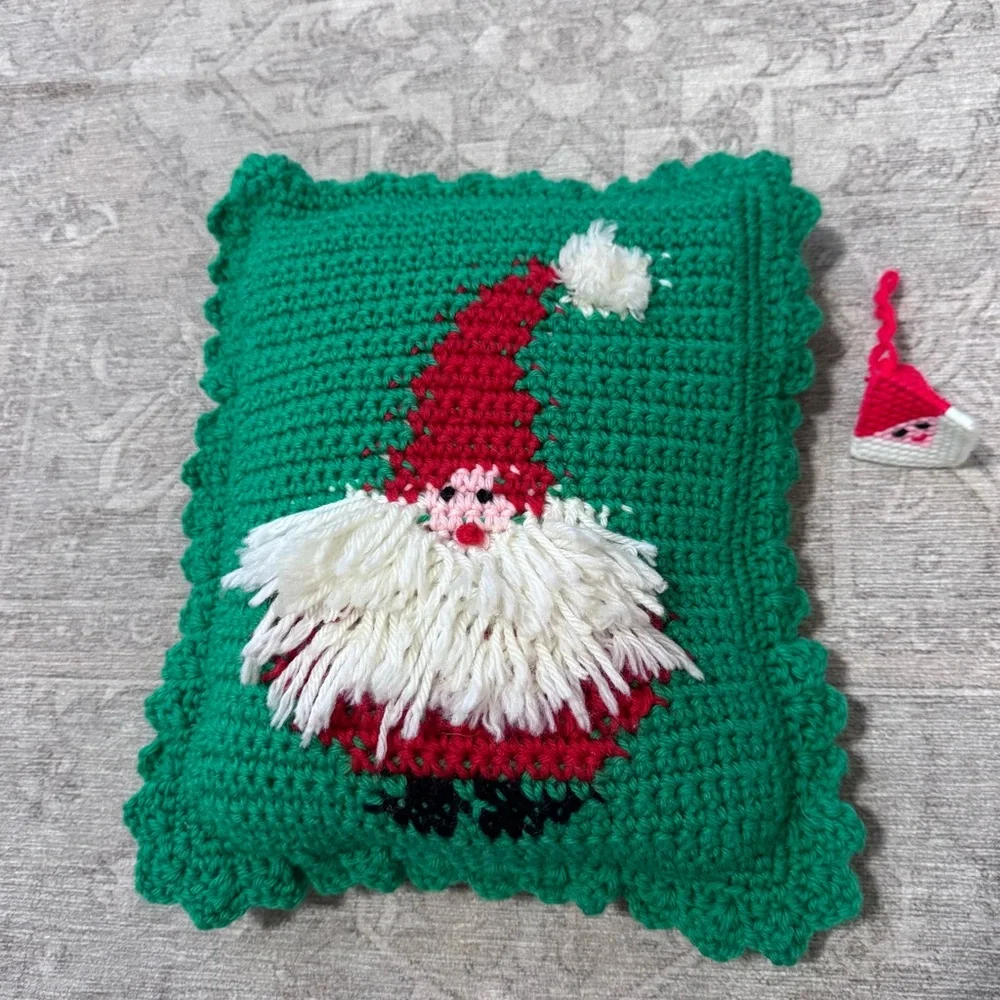 Vintage Green and Red Santa Crochet Pillow Christmas Holiday Decor